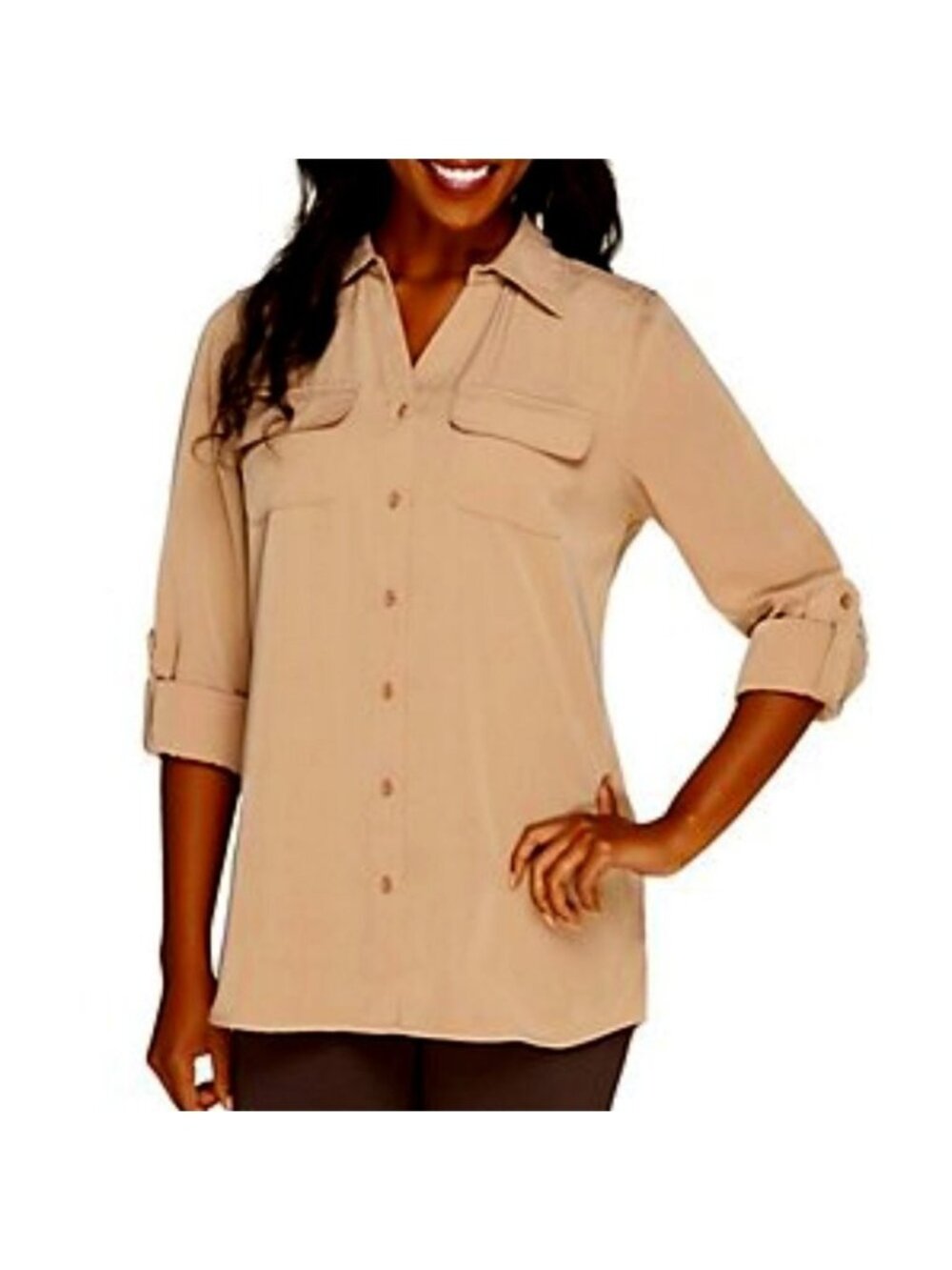 Denim & Co. Tunic Shirt Roll Tab Sleeve Button Soft Utility Mocha XXS A227885
